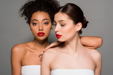 Wall Mural - beautiful multicultural girls with red lips, isolated on grey