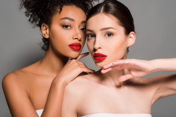 Wall Mural - beautiful nude multiracial girls with red lips, isolated on grey