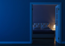 White Door In The Interior With A Blue Wall. An Open Doorway To The Hotel Bedroom. 3D Rendering.