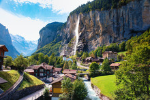 Spectacular View Of Lauterbrunnen Valley In A Bright Sunny Day, Switzerland