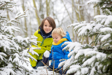 Canvas Print - Sweet toddler boy, playing with snow on playground