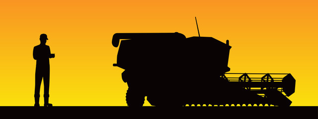Sticker - A farmer with digital tablet controls an autonomous harvester. Silhouettes. Vector illustration