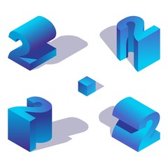 Poster - Isometric number 2 in various foreshortening. Blue gradients, vivid colors, shadow on white background