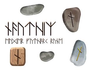  Set of nauthiz magic german runes Elder Futhark on wooden block and stones isolated on white background