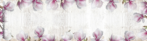 frame-made-of-beautyful-flourish-magnolia-and-soft-flares-and-bokeh-isolated-on-white-rustic-shabby-vintage-wooden-texture-background-banner-panorama