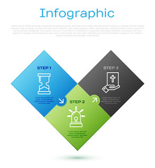 Sticker - Set line Old hourglass, Oath on the Holy Bible and Flasher siren. Business infographic template. Vector