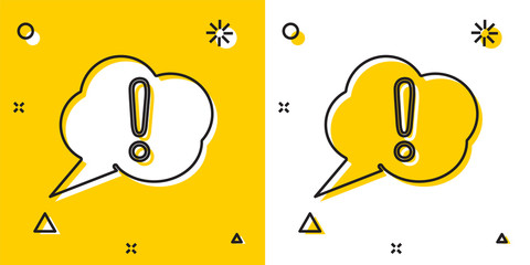 Poster - black speech bubble and exclamation icon isolated on yellow and white background. faq sign. copy fil