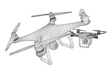 Remote Control Air Drone. Dron Flying With Action Video Camera. Wireframe Low Poly Mesh Vector Illustration