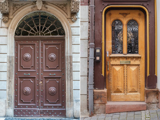 two old wooden doors trimmed with metal decorations from different cities of Europe