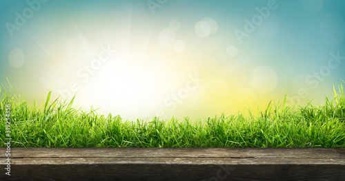 Fotografía A natural spring garden background of fresh green grass with a bright blue sunny sky with a wooden table to place cut out products on
