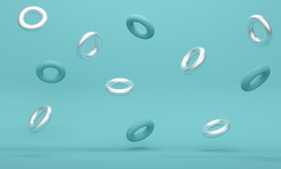 Poster - Abstract blue background with silver flying rings. Backdrop design for product promotion. 3d rendering