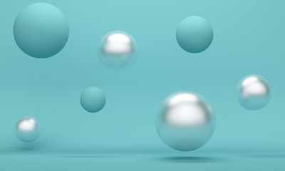 Poster - Abstract blue background with silver flying spheres. Backdrop design for product promotion. 3d rendering