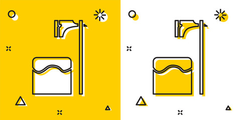 Black Executioner axe in tree block icon isolated on yellow and white background. Hangman, torturer, executor, tormentor, butcher, headsman. Random dynamic shapes. Vector Illustration