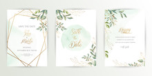 Watercolor Wedding Set. Set Of Card With Leaves And Golden Geometric Frame. Design With Forest Green Leaves, Eucalyptus, Fern. Floral Trendy Templates For Banner, Flyer, Poster, Greeting. Eps10