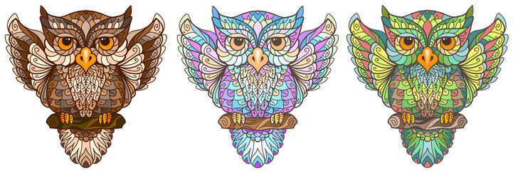 Wall Mural - Owl. Wall sticker. Set of 3 artistic, hand-drawn, decorative multicolored owls on a white background.