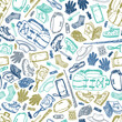 © Jamie Soon - Vector white seamless doodle sketch pattern with objects for trekking and hiking. Suitable for textile, wallpaper and trekking brochures.