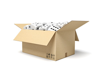 Fototapete - 3d rendering of cardboard box full of white dice with black spots.