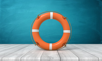 3d rendering of orange lifebuoy standing on wooden surface near blue wall.