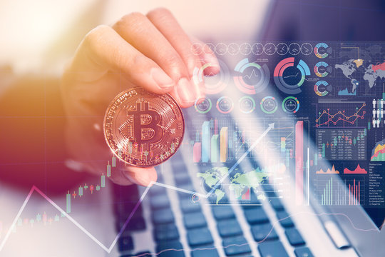 Bitcoin with laptop computer infographic for Digital money or cryptocurrency new virtual currency payment technology concept