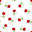 Vector seamless pattern with red rose flowers on a white background.