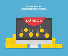 Sticker - Cashback concept. Computer monitor with text ribbon and golden coins in a flat design