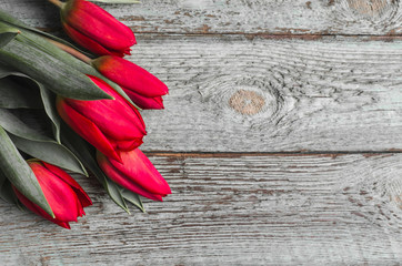 Red tulips on wooden background. Valentine's day concept. 8 march. Mother day concept. Top view.