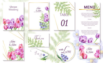 Wall Mural - Watercolor spring wedding event invitation cards with tulip and bluebell flowers