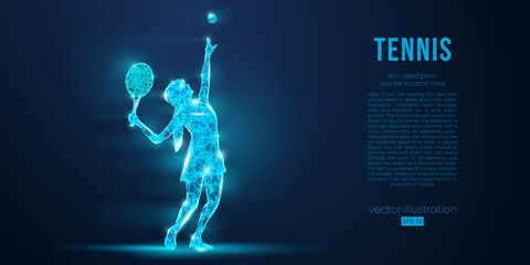 Abstract silhouette of a tennis player man, male, women, girl female from particles, lines, triangles. Tennis ball and tennis racket. Low poly neon wire outline geometric polygonal vector illustration