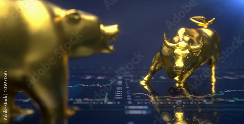 Fotografía Wallstreet bull and bear on stock chart background
