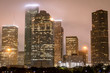 Houston Texas city skyline on a cloudy foggy evening