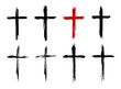 Christian cross of Jesus Christ, hand drawn, Cross symbol of crucifixion and faith. Brush stroke texture. Grunge christian cross. Vector set