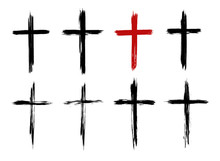 Christian Cross Of Jesus Christ, Hand Drawn, Cross Symbol Of Crucifixion And Faith. Brush Stroke Texture. Grunge Christian Cross. Vector Set