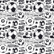 Seamless pattern with soccer balls and text for textile. Hand drawing, short hand-written phrases: just play, i love this game. Sports background.