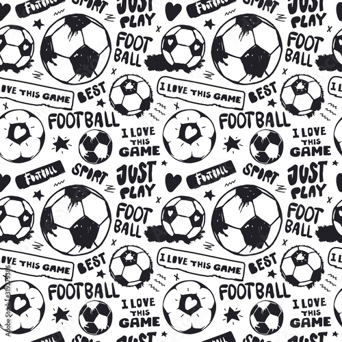 Fotomural Seamless pattern with soccer balls and text for textile