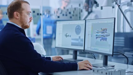 Poster - Heavy Industry Engineer Working on Personal Computer, Screen Shows CAD Software with 3D Prototype of Zero-Emissions Engine. Industrial Factory with High-Tech CNC Machinery. Side View Arc Portrait