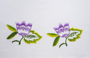 2 Fantasy flower embroidered with stitch on white linen natural fabric.