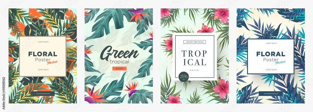 Set of Bright tropical backgrounds with jungle plants. Exotic patterns with tropical leaves - obrazy, fototapety, plakaty 