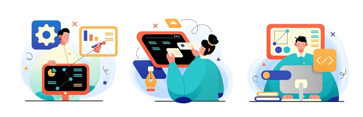 Design and Development illustrations. Collection of concept illustrations with Programmers and designers working in a company office. Perfect for web design, banner, mobile app, landing page. Vector