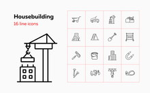 Housebuilding Line Icon Set. Dump Truck, Scaffold, Business Center. Construction Concept. Can Be Used For Topics Like Real Estate Development, Site, Building Works