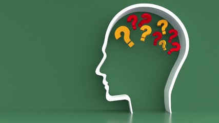 Poster - Moving Questionmarks in Human Head outline in front of a color wall background. Business Psychology concept