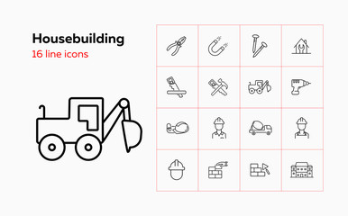 Wall Mural - Housebuilding line icon set. Foreman, brickwork, hammer, house. Construction concept. Can be used for topics like site, building works, hand tools