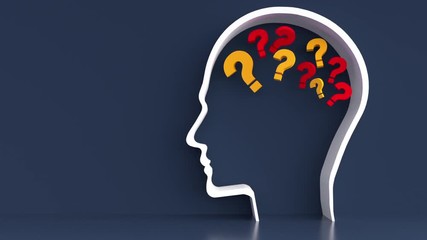 Poster - Moving Questionmarks in Human Head outline in front of a color wall background. Business Psychology concept