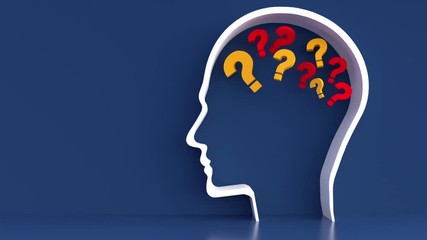 Poster - Moving Questionmarks in Human Head outline in front of a color wall background. Business Psychology concept