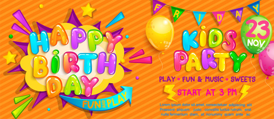 Invitation for kids party on birthday with welcome flags, balloons and burst with wishing happy birthday. Design template for celebration.Great for invitation flyers,posters,cards.Vector illustration.