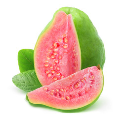 Fototapete - Isolated guava. One green pink fleshed guava fruit with cut out slice and leaves isolated on white background with clipping path