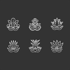 Poster - Masquerade masks chalk white icons set on black background. Traditional headwear with plumage. Ethnic festival. Brazilian national holiday. Isolated vector chalkboard illustrations