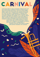 Postcard with trumpet and cloud with words. Card for carnival in Brazil. Abstract memphis background. Concept of festival, party.Design element for banner, poster, card. Flat vector illustration