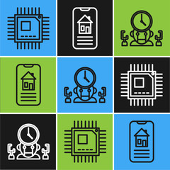 Poster - Set line Processor with microcircuits CPU, Robot and digital time manager and Smart home icon. Vector