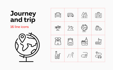Aufkleber - Journey and trip icons. Set of line icons. Snack, route, transportation. Adventure concept. Vector illustration can be used for topics like hiking, travel, vacation
