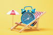 © Sergey Chayko - Alarm clock in a deck chair with an umbrella from the sun on a yellow background. Concept on theme, time to relax
